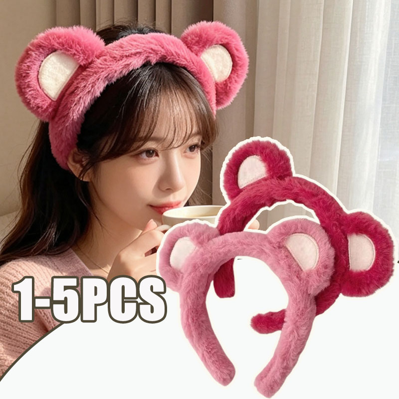 Winter Headband Fleece - 1-5 ชิ้น ที่คาดผมลายหมีสตรอว์เบอร์รีน่ารัก สำหรับผู้หญิง ฤดูใบไม้ร่วง ฤดูหนาว
