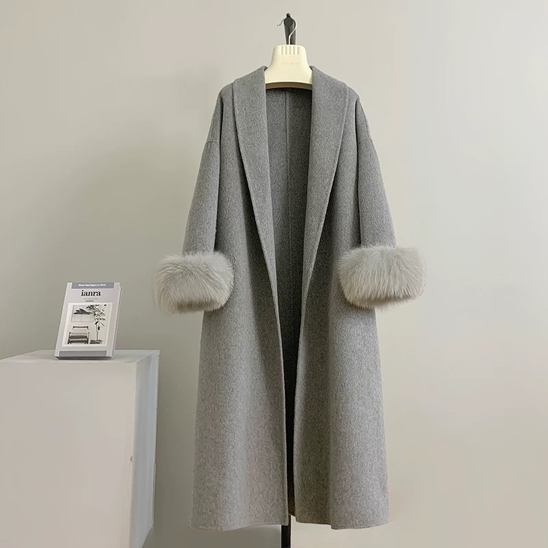 Wool Coat Peacoat - เสื้อโค้ทผู้หญิงขนสัตว์แท้แบบยาว แต่งเข็มขัด ผ้าผสมสำหรับใส่ทำงาน สไตล์หรูหรา ผ้าแคชเมียร์สองด้าน สำหรับฤดูใบไม้ร่วงและฤดูหนาว