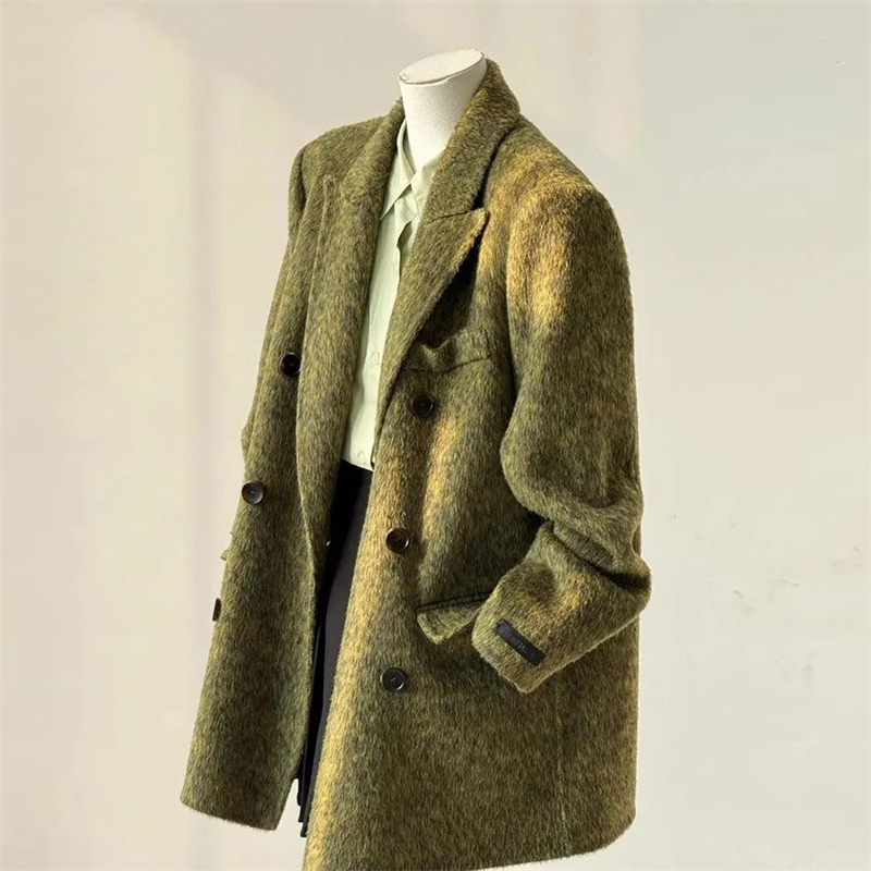 Wool Coat Peacoat - เสื้อโค้ทขนสัตว์สองด้านสำหรับผู้หญิง สไตล์สูท ปกคอปก ติดกระดุมสองแถว แขนยาว ดีไซน์เรียบหรู