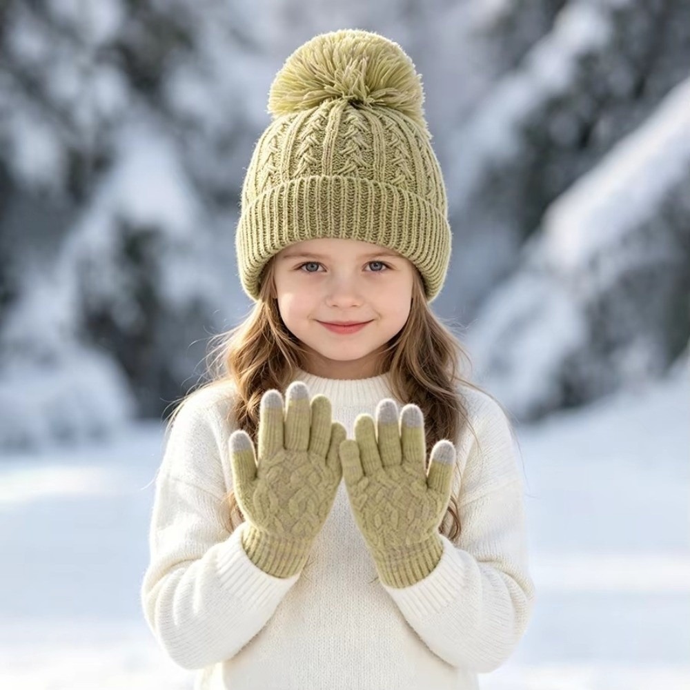 Touch Screen Gloves - 2 ชิ้น/เซ็ตแฟชั่นฤดูหนาวเด็กหมวกถุงมือชุดซับในกันลมหน้าจอสัมผัสถุงมืออุ่นปอมปอมถักหมวกถุงมือ